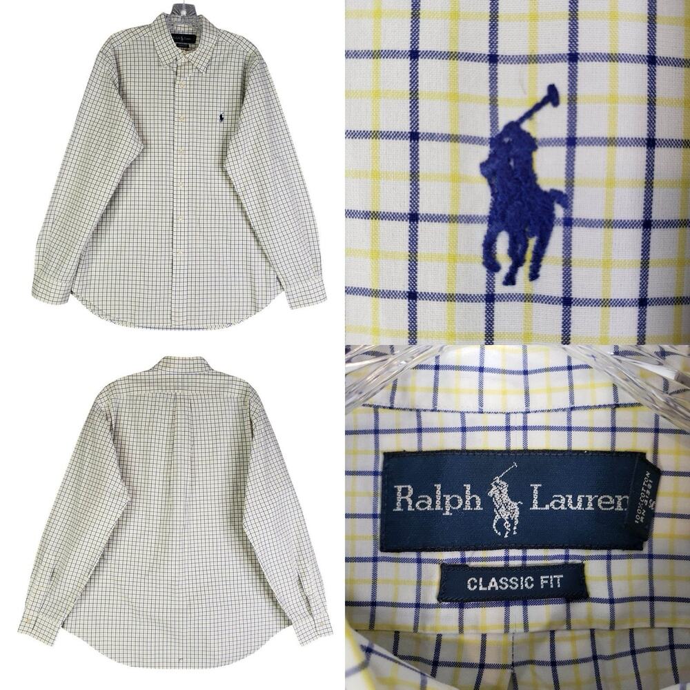 Polo Ralph Lauren Oxford Shirt Men's Size Large Yellow Blue Plaid LS Button Down